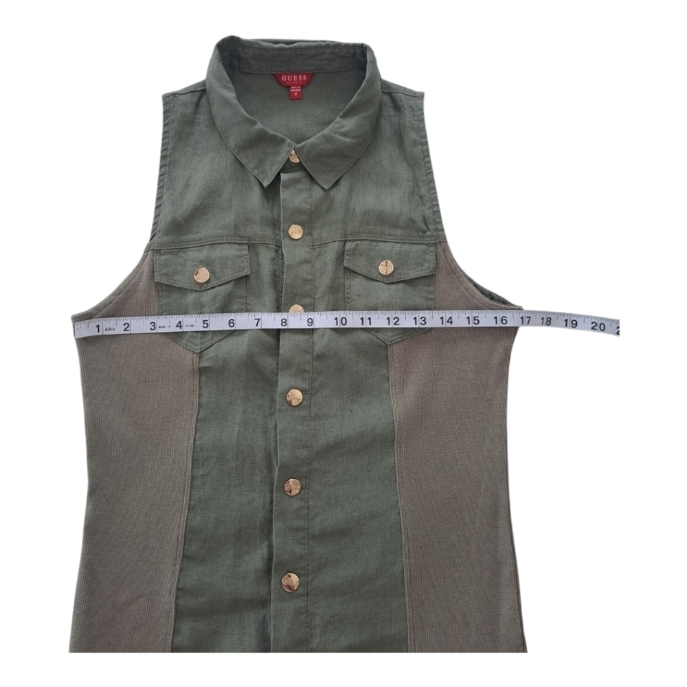 GUESS linen khaki sleeveless mini dress snap closure tunic - Picture 13 of 13